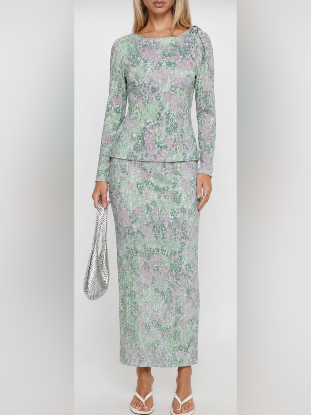 Etcetera Pure Silk Floral Tie-Neck Long Sleeve Top & Skirt